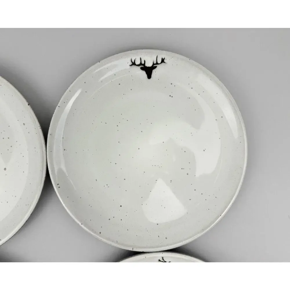 Pottery Barn Rustic Forest STAG Salad Plates SET OF 4 Reindeer Christmas Winter